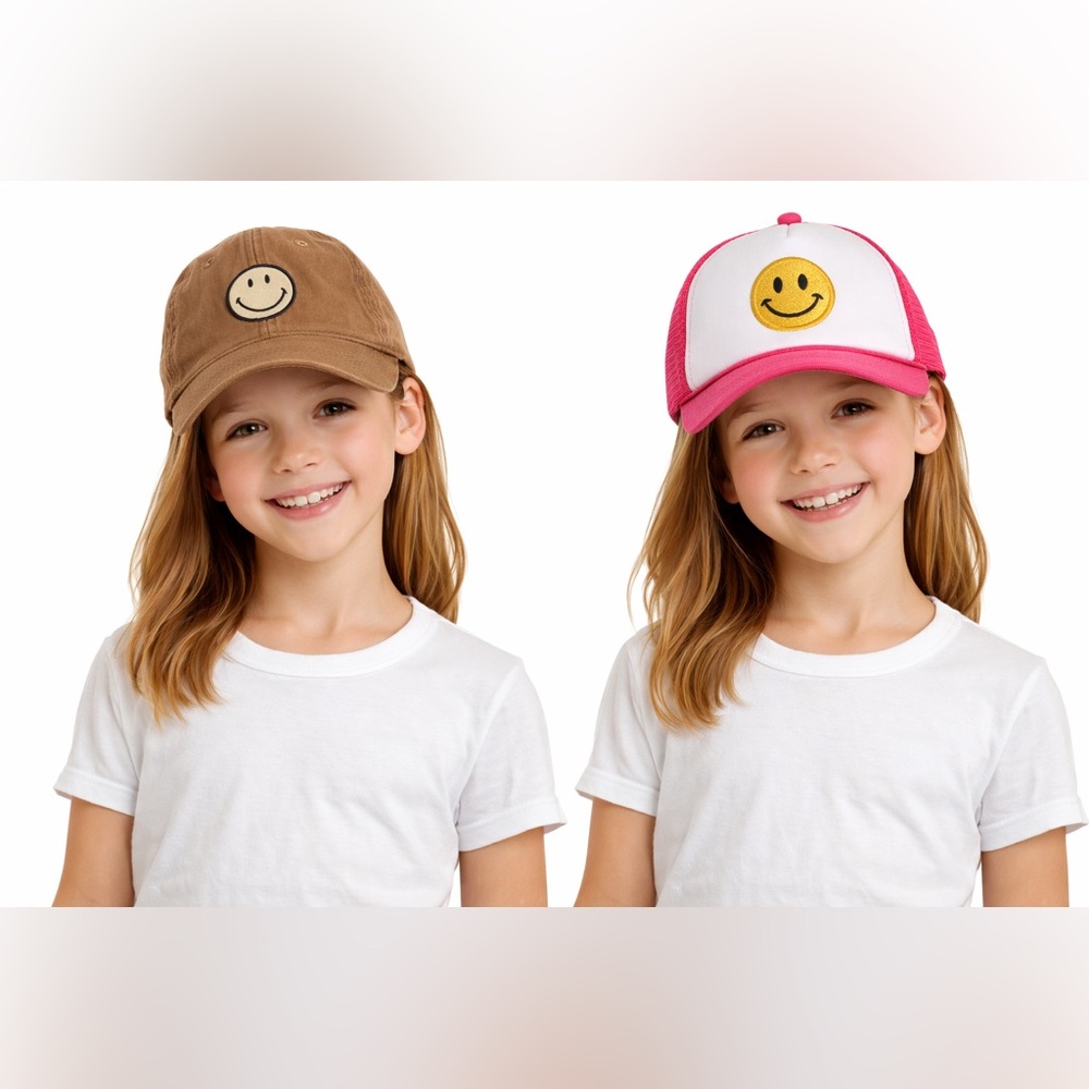 Brown and Pink Caps with Smiley Faces